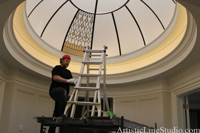 oval stained and leaded glass dome installation in progress