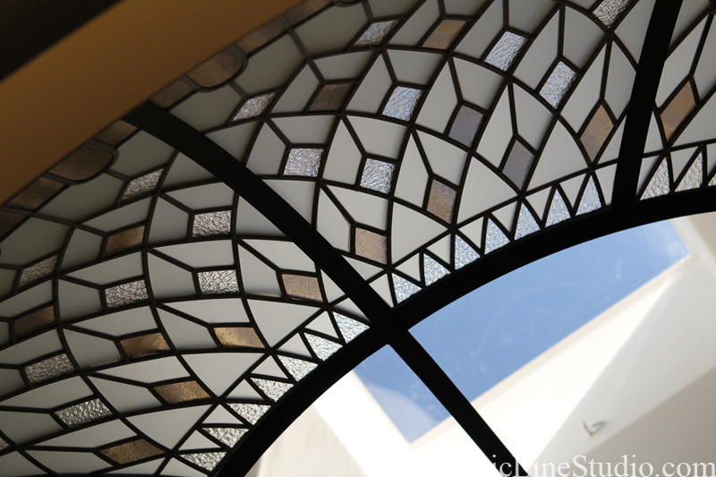 large oval stained and leaded glass dome detail installation