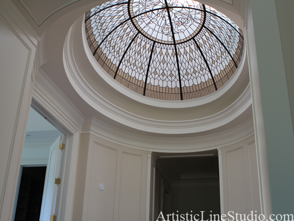 stained and leaded glass oval dome with classical elements and accent jewels