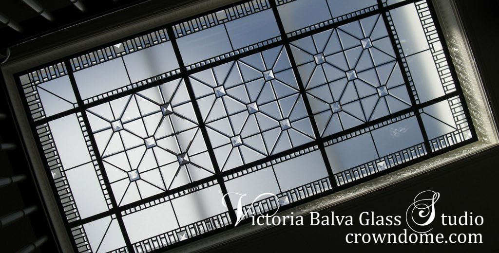 Large beveled leaded glass skylight Amedeo with custom beveling and large crystal jewels in simple geometric style for a hallway of custom built residence in Toronto. Gorgeous beveled leaded glass skylight design by architectural glass artist Victoria Balva