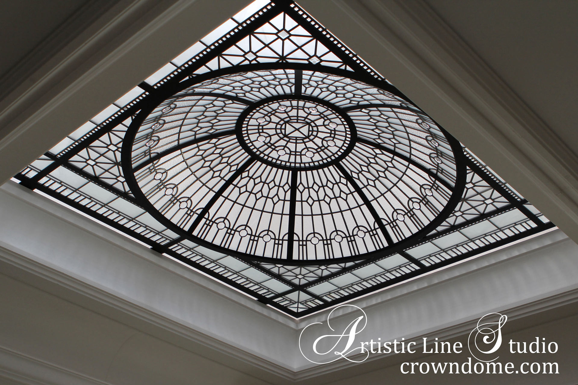 Leaded glass dome skylight for a fancy bathroom in clear textured glass for a custom built residence in Toronto