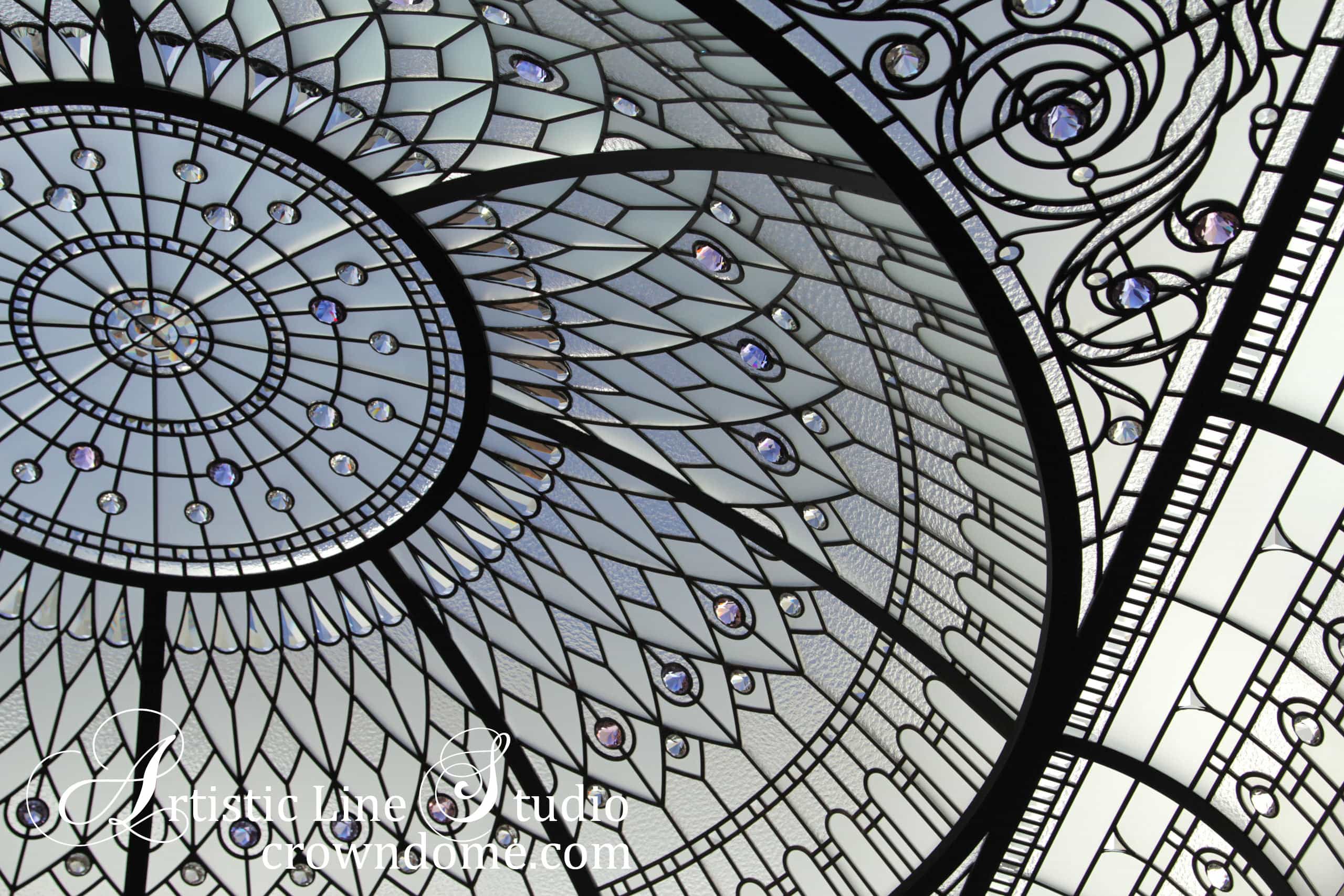 leaded stained glass dome detail with custom bevelled glass and crystal jewels 