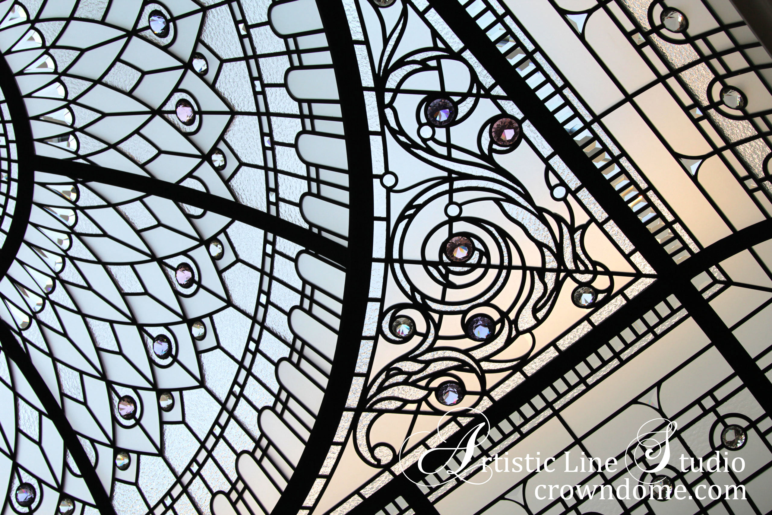 Acanthus detail. leaded glass dome with custom bevelled glass and crystal jewels installation
