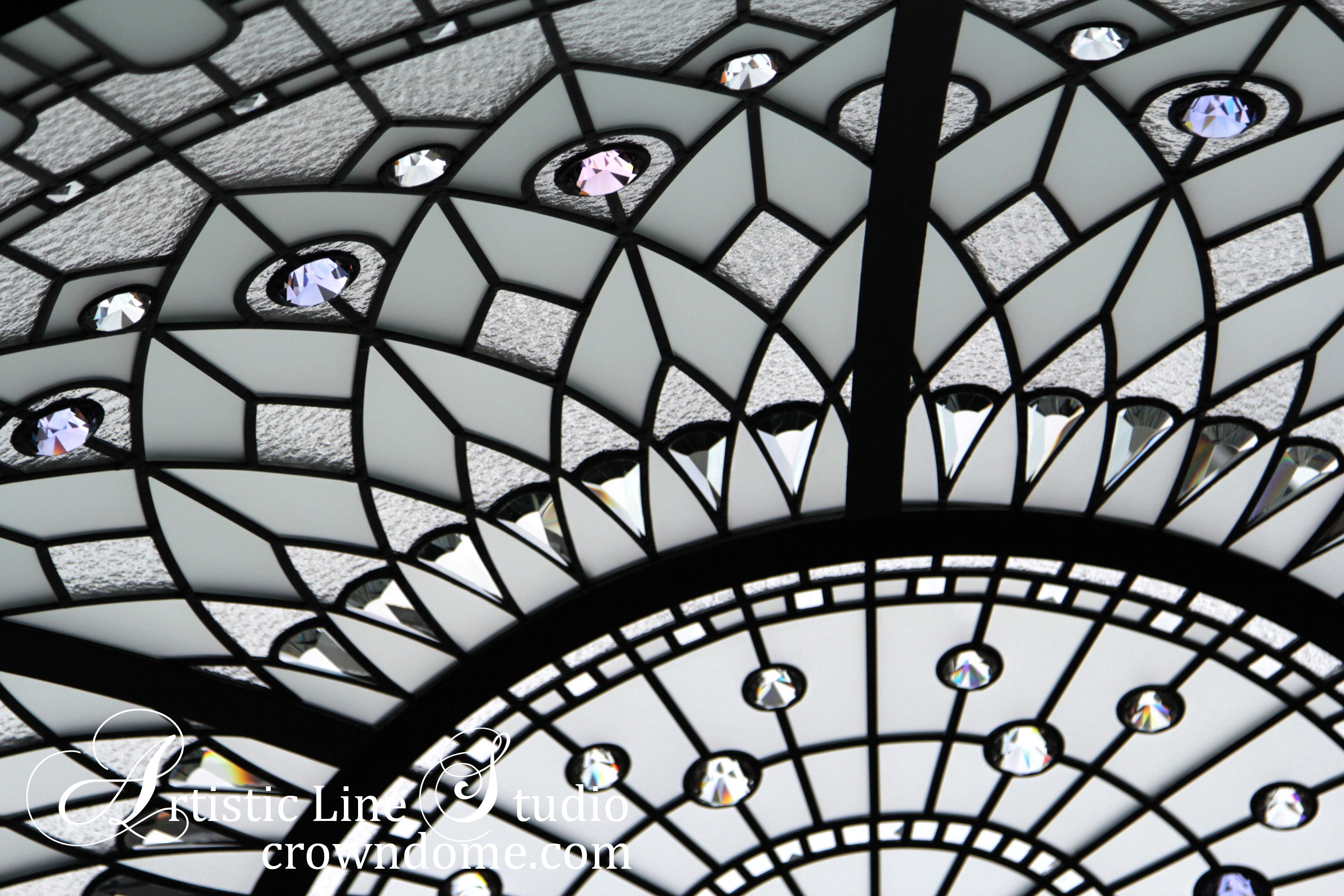 Stained glass dome with art glass close up detail