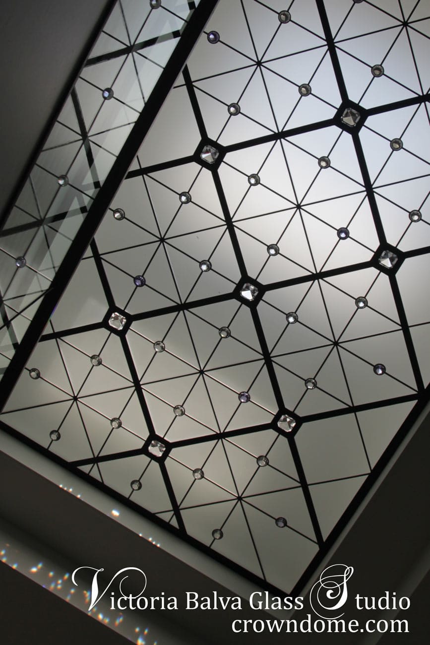 Contemporary stained leaded glass skylight for modern glass staircase