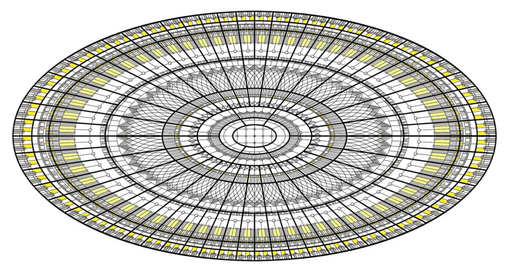 A copycat design of stained leaded glass oval ceiling for Huawei headquarters in Shenzhen. Copyright infringement dispute Huawei headquarters Substantial copy