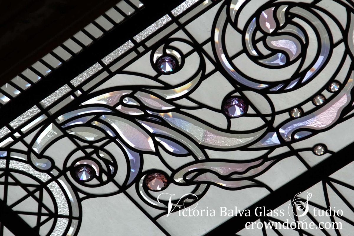 Custom hand bevelled coloured glass stained leaded glass domed ceiling crystal accent jewels