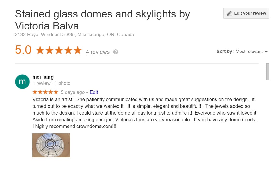 Clients review of our company after we created stained and leaded glass dome for a custom built residence in Los Angeles
