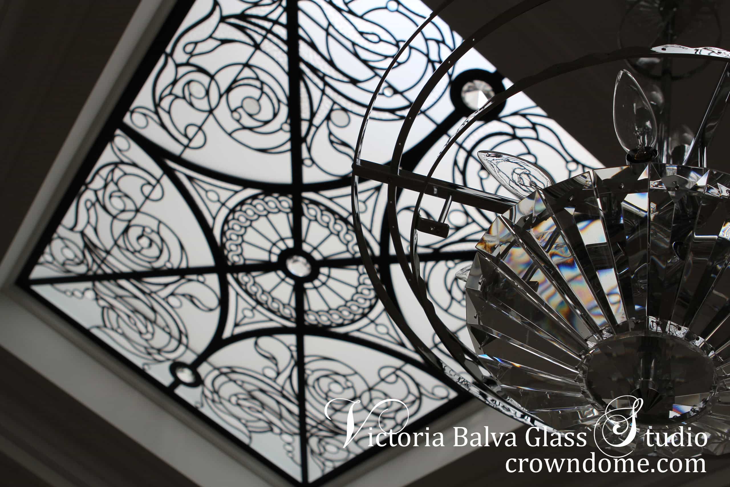 Decorative glass skylight ceiling Germana with crystal chandeliers in classic style with large crystal jewels for a hallway of a luxury built private residence. Clear textured glass, beveled glass, clear crystal jewels. Original design by glass artist Victoria Balva