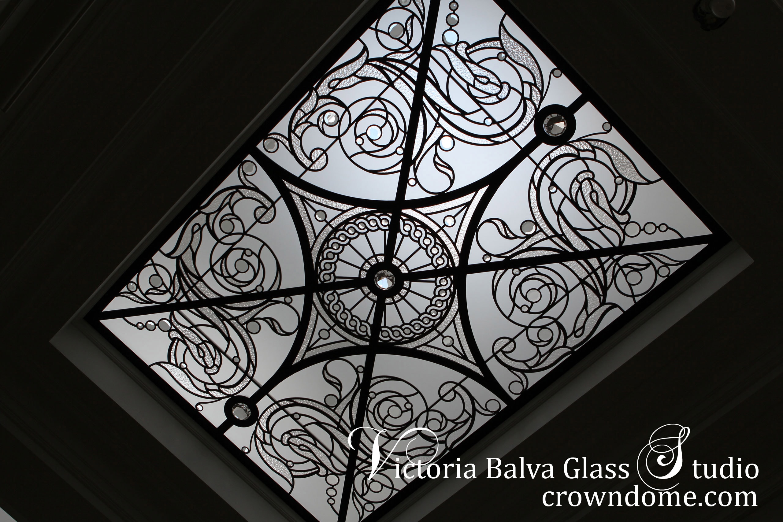 Decorative leaded glass skylight ceiling Germana with clear textured glasses, beveled glass and crystal jewels for a hallway of a custom built residence
