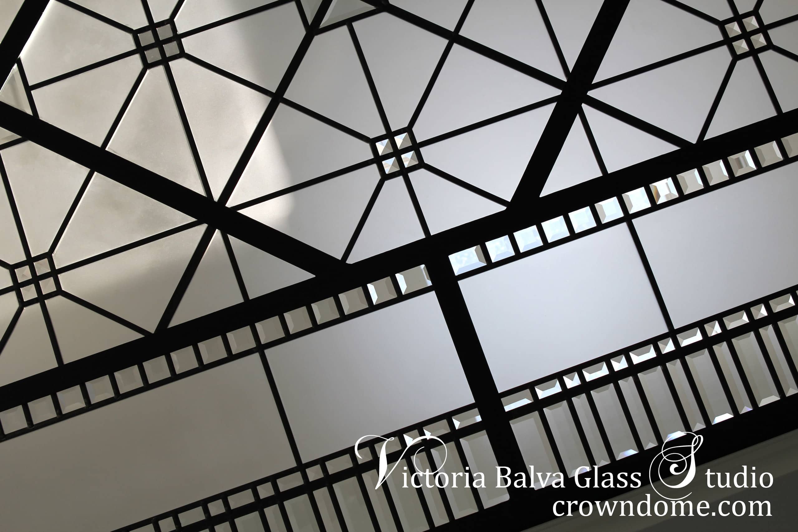 Leaded glass geometrical design for a glass ceiling of a custom built bathroom by glass artist Victoria Balva