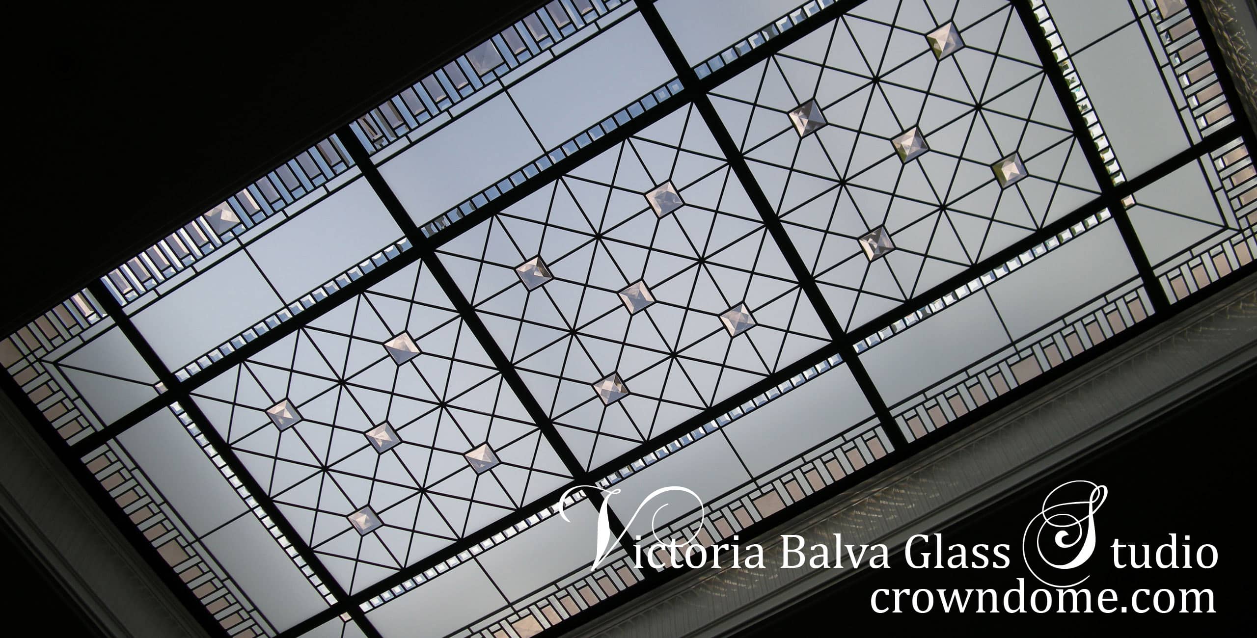 Large stained leaded glass skylight Barbini with delicate elusive colors of custom beveled glass and colored jewels. Intricate line work, clear textured glass, custom beled border, original stained leaded glass skylight design by architectural glass artist Victoria Balva