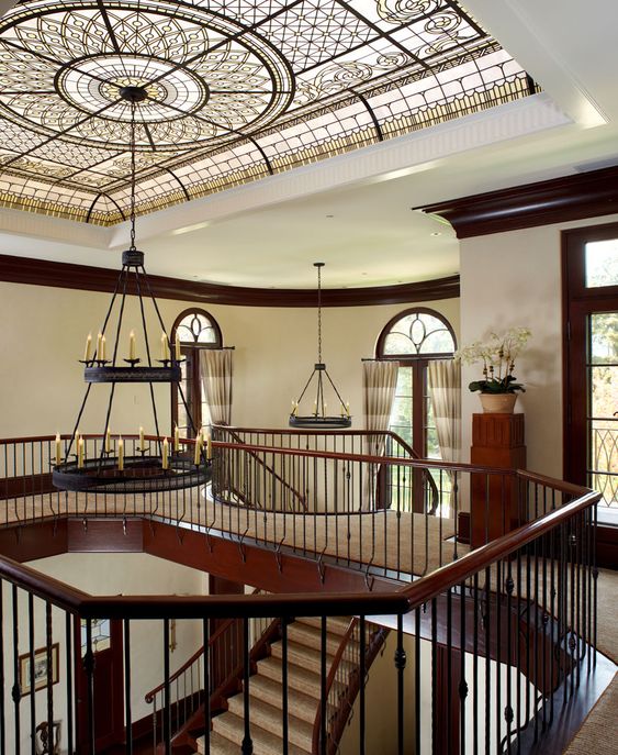 Stained leaded glass skylight ceiling for the interior by Granoff Architects. Original stained leaded glass skylight ceiling design by Victoria Balva. Pale colors of white and ivory opal glasses are the perfect match for the interior design by Granoff Architects