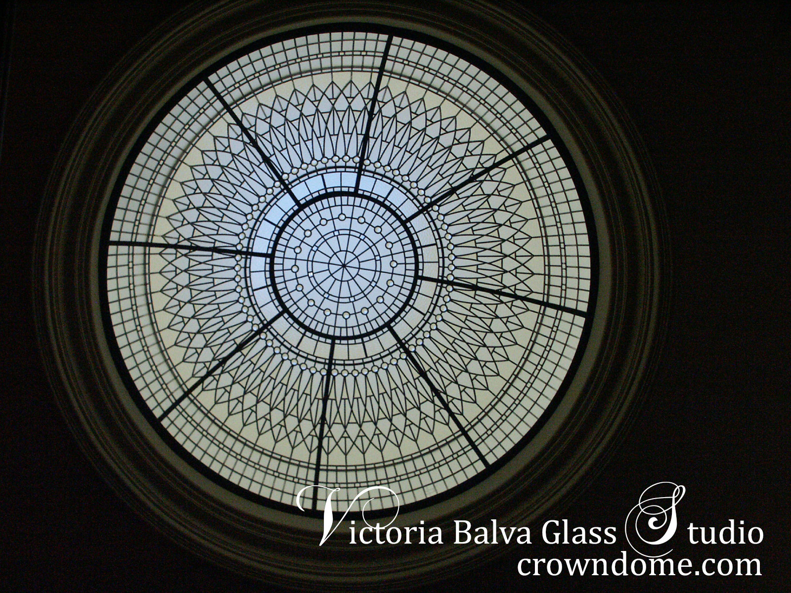 Stained leaded glass dome Irene custom designed and fabricated for a private residence in Richmond Hill. Clear textured glassed in combination with accent jewels and beveled glass was used to enrich the appearance of the stained leaded glass dome. Glass dome design by glass artist Victoria Balva